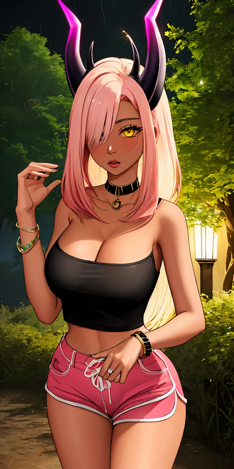 masterpiece, ultra high-quality, extremely detail 8k cg, high resolution, 1girl, mature female, trickywi, pink hair, horns, dark skin, hair over one eye, dark-skinned female, yellow eyes, navel, bare shoulders, cleavage, bare shoulders, jewelry, large breasts, collarbone, choker, bracelet, black shorts, dolphin shorts, black shirt, crop top, collarbone, choker, titsonastick, standing, night time, outdoors, forest, raining, thunderstorm, medium full shot