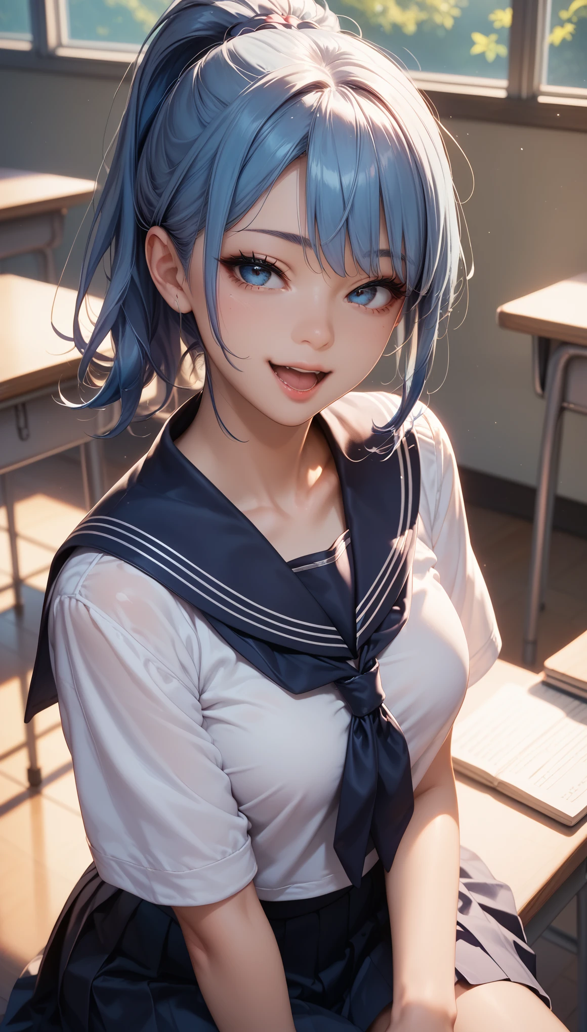  score_9,  score_8_up,  score_7_up, Natural lighting,  woman in sailor suit, Blue hair for medium hair, Ponytail Hair,  sexy pose, ((Lewd face, Open your mouth)), Sit down, Beautiful fingers,  dim classroom , Chiaroscuro,  Physically Based Rendering, dark colors.