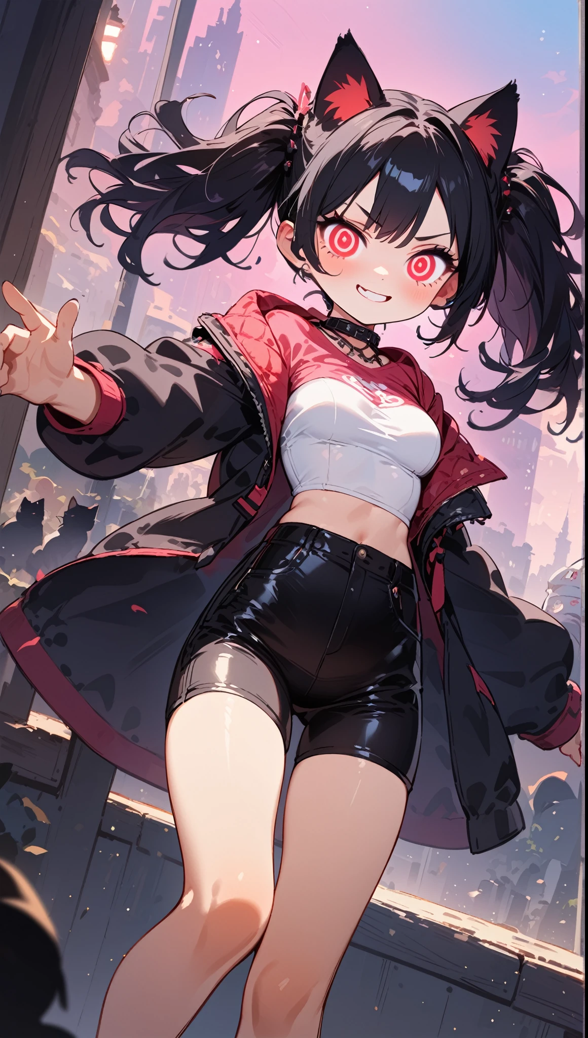 solo,1girl\(cute, kawaii, age of 12,(evil smile:1.2),(black hair:1),(long hair),(twin tails hair),pale skin, skin color blue, red eyes, eyes shining, (big eyes),(breast:1.4),(punk fashion:1.6),(ripped clothes:1.5),(tight tube top),(tight hot pants),(stomach shown:0.8),(abs:0.5),(ripped black short jacket:1.4),(fluffy black cat-ear:1.4),(dynamic pose:1.3), (spiral eye:1.4),(bang)\), BREAK ,background\(outside, noisy city, backstreet, narrow street, neon lights, at night\), BREAK ,quality\(8k,wallpaper of extremely detailed CG unit, high resolution, top-quality, top-quality real texture skin, hyper realistic, increase the resolution, RAW photos, best quality, highly detailed, the wallpaper,golden ratio,high saturation realism, vibrant colors, dramatic lighting, persuasive storytelling, atmospheric scenery, captivating visuals, intricate details, strong emotions,dreamlike world\),(close up:1.0),dynamic angle