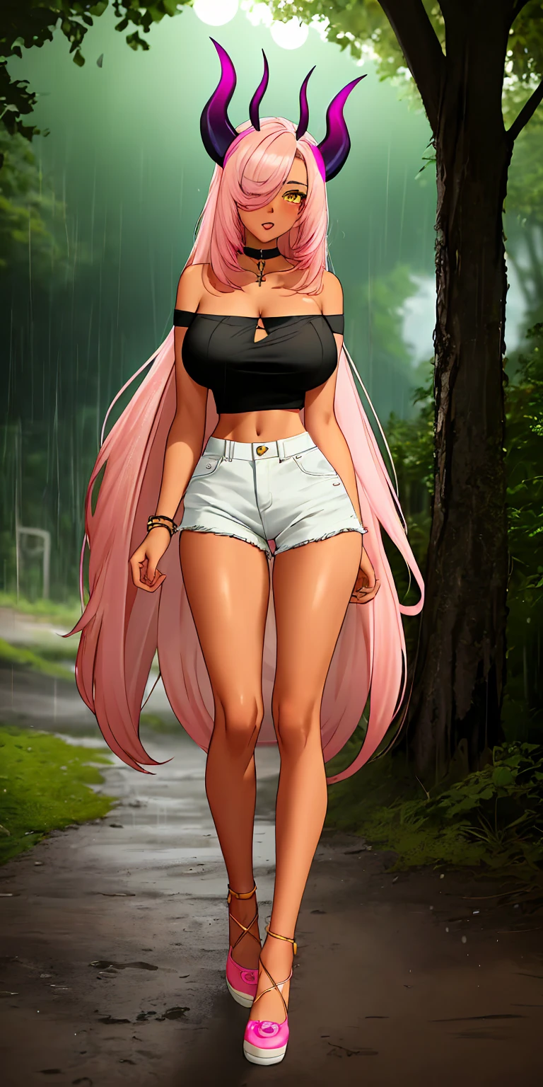 masterpiece, ultra high-quality, extremely detail 8k cg, high resolution, 1girl, mature female, trickywi, pink hair, horns, dark skin, hair over one eye, dark-skinned female, yellow eyes, navel, bare shoulders, cleavage, bare shoulders, jewelry, large breasts, collarbone, choker, bracelet, black shorts, denim shorts, black shirt, crop top, collarbone, choker, titsonastick, standing, night time, outdoors, forest, raining, thunderstorm, medium full shot