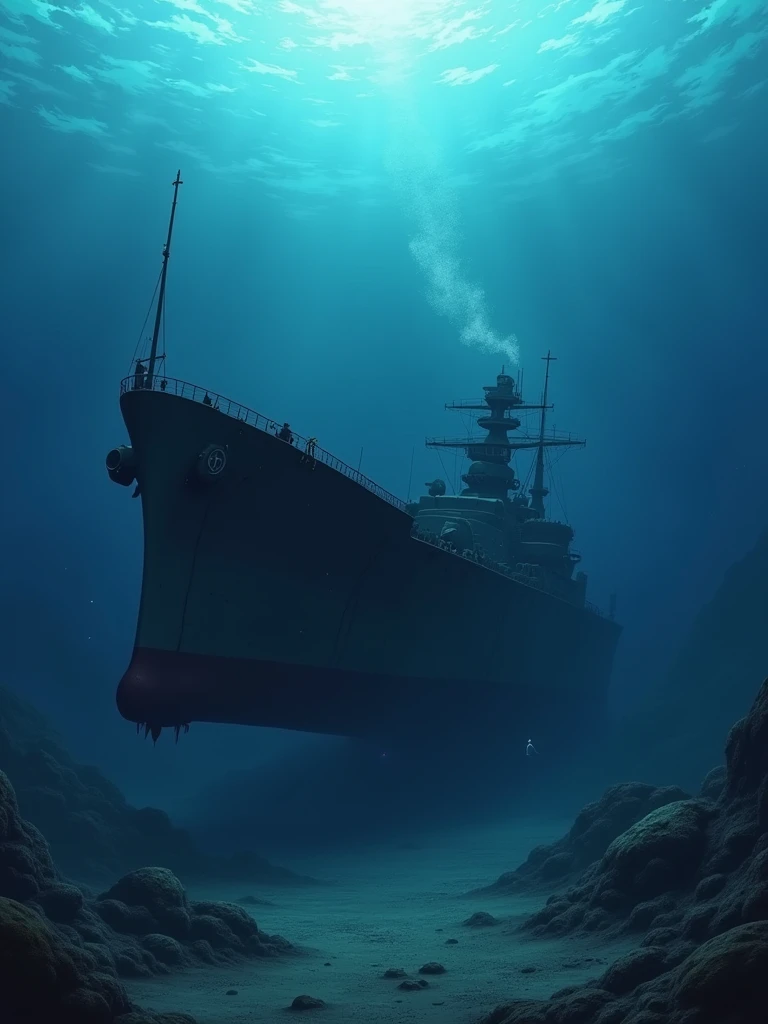 (Best Quality,Extremely detailed depiction, incredible high resolution,High quality anime drawings),The battleship Yamato sinks sideways to the bottom of the water,Battleship sunk in the ocean ,Decaying hull , tattered ship ,Coral Reef,fish,fishの群れ,Diver, dark atmosphere underwater ,Pale Flame,