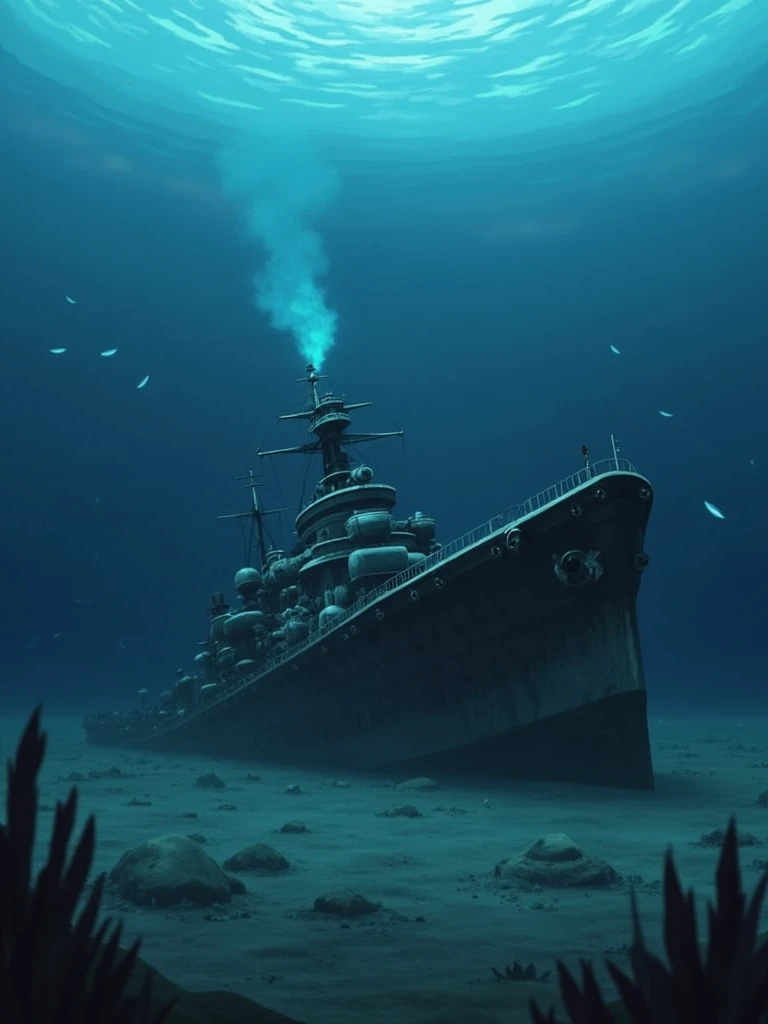 (Best Quality,Extremely detailed depiction, incredible high resolution,High quality anime drawings),The battleship Yamato sinks sideways to the bottom of the water,Battleship sunk in the ocean ,Decaying hull ,Destroyed ship:1.3,Coral Reef,fish,fishの群れ,Diver, dark atmosphere underwater ,Pale Flame,