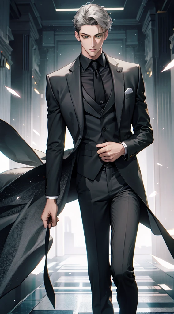 Highest quality,4K, High Resolution ,Super detailed,Realistic,Black suit, the shirt is gray and has 2 buttons removed from the top, ash gray hair ,Green Eyes, hairstyle that sticks out the forehead and flows back , think quietly , stand quietly , long black pants ,Black boots,Masculine eyebrows ,A well-defined nose,Alone,One Man,male,