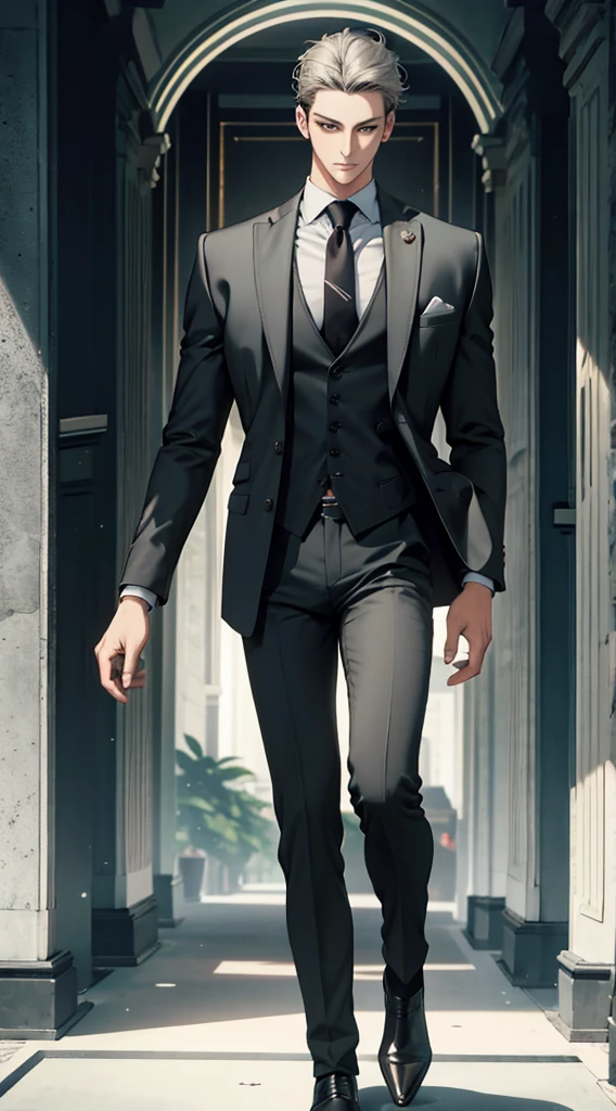 Highest quality,4K, High Resolution ,Super detailed,Realistic,Black suit, the shirt is gray and has 2 buttons removed from the top, ash gray hair ,Green Eyes, hairstyle that sticks out the forehead and flows back , think quietly , stand quietly , long black pants ,Black boots,Masculine eyebrows ,A well-defined nose,Alone,One Man,male,