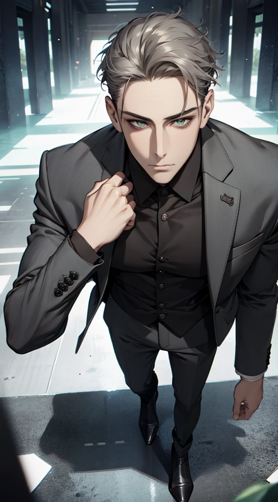 Highest quality,4K, High Resolution ,Super detailed,Realistic,Black suit, the shirt is gray and has 2 buttons removed from the top, ash gray hair ,Green Eyes, hairstyle that sticks out the forehead and flows back , think quietly , stand quietly , long black pants ,Black boots,Masculine eyebrows ,A well-defined nose,Alone,One Man,male,