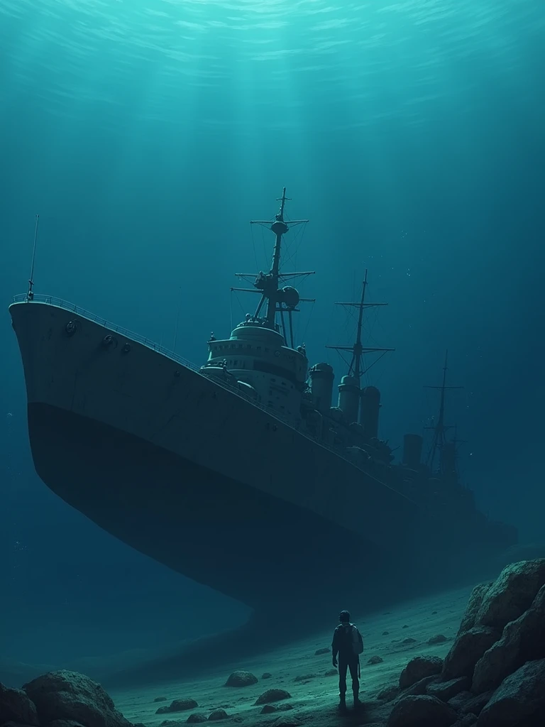 (Best Quality,Extremely detailed depiction, incredible high resolution,High quality anime drawings),The battleship Yamato sinks sideways to the bottom of the water,Battleship sunk in the ocean ,Decaying hull ,Destroyed ship:1.3,The hull is buried in the ground,Coral Reef,fish,fishの群れ,Diver, dark atmosphere underwater ,Pale Flame,