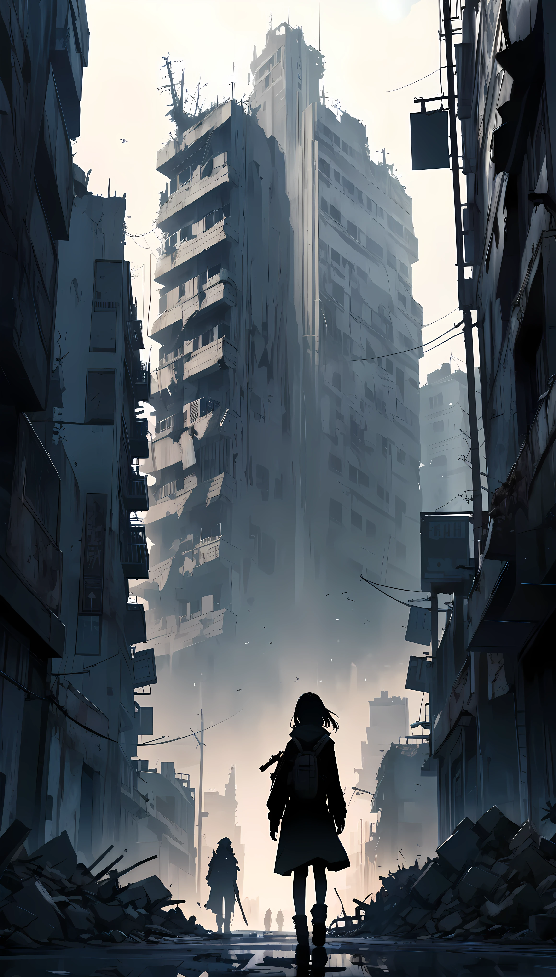 detailed post-apocalyptic city, collapsed buildings blocking the streets, distant weary silhouette walking away, lifeless atmosphere, fading silhouette leaving the city, lingering emptiness, sad-toned memory, shot from below