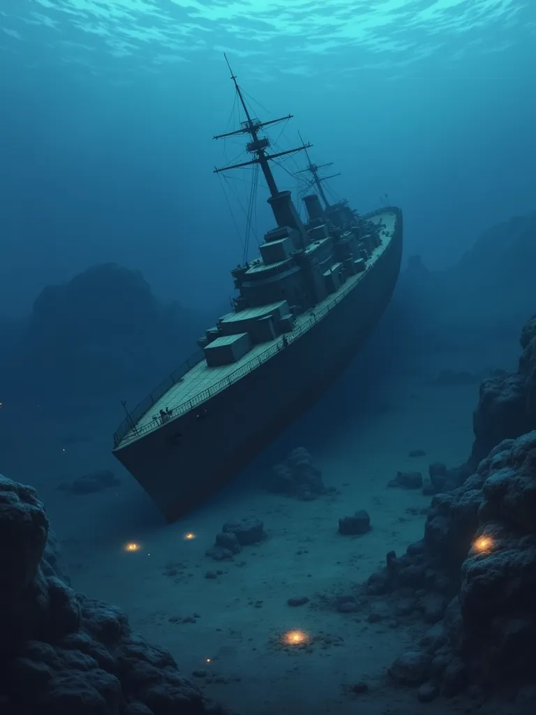 (Best Quality,Extremely detailed depiction, incredible high resolution,High quality anime drawings),The battleship Yamato sinks sideways to the bottom of the water,Battleship sunk in the ocean ,Decaying hull ,Destroyed ship:1.3,The hull is buried in the ground:1.3,Coral Reef,fish,fishの群れ,Diver, dark atmosphere underwater ,Pale Flame,