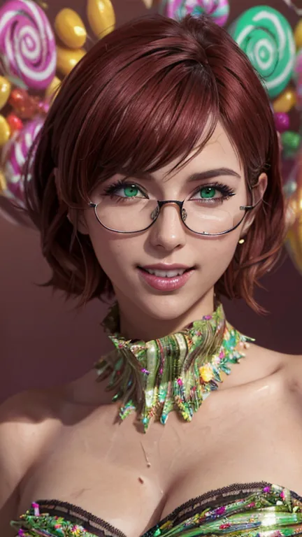 portrait, close-up,  upper body . short, red hair, green eyes,  metal-framed glasses , green strapless dress, joyful smile, chee...