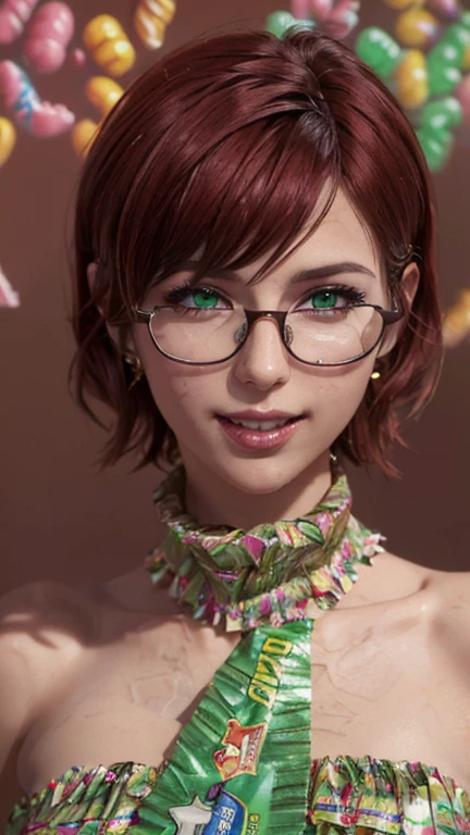 portrait, close-up,  upper body . Short, red hair, green eyes,  metal-framed glasses , green strapless dress, joyful smile, cheerful girl . (masterpiece, top quality,  better quality,  official art , beautiful and aesthetically pleasing:1.2),  is extremely detailed,(fractal art:1.2),Colorful,The most detailed, (dynamic pose), (candy background :1.5), ( Lots of candy wrappers :1.4). ((SPLIT. Skin texture, shiny skin. elegance. photorealism. unreal engine. 3D model.  Ultra high quality textures.  high detail . permission 8k))