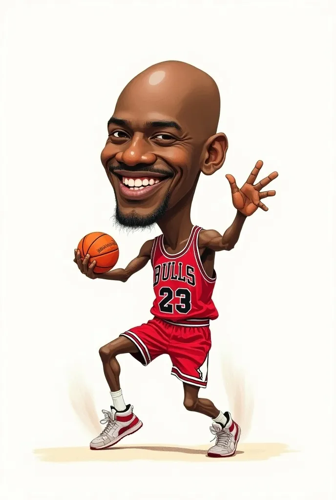 Caricature, Basketball god Michael Jordan, red Bulls uniform, "BULLS 23", throw-in, super deformed, line art, watercolor