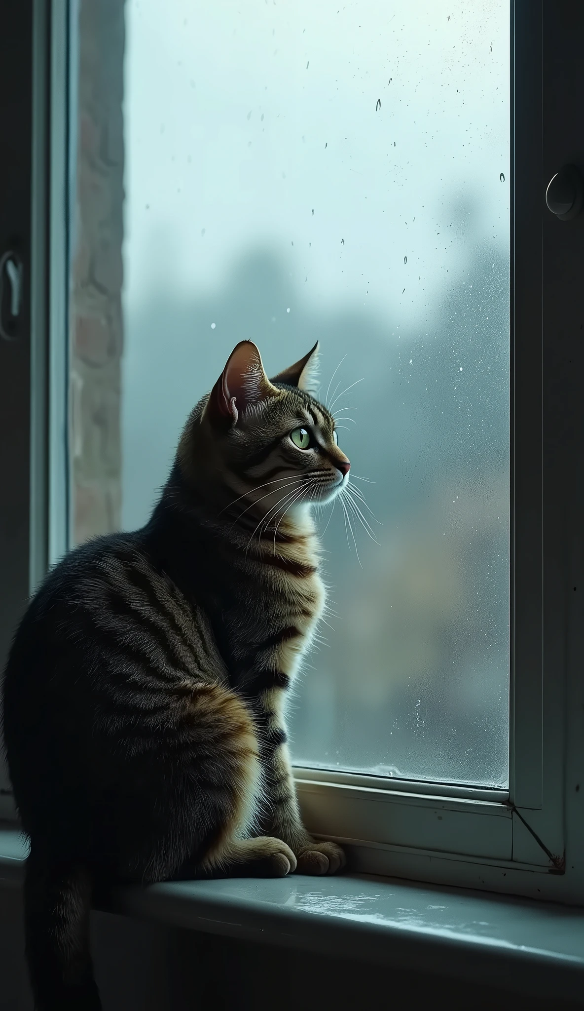 a cat sitting on a window sill looks out the window at the gloomy and rainy outside, sad atmosphere, gloomy day, dark colors, watercolors,wcxl