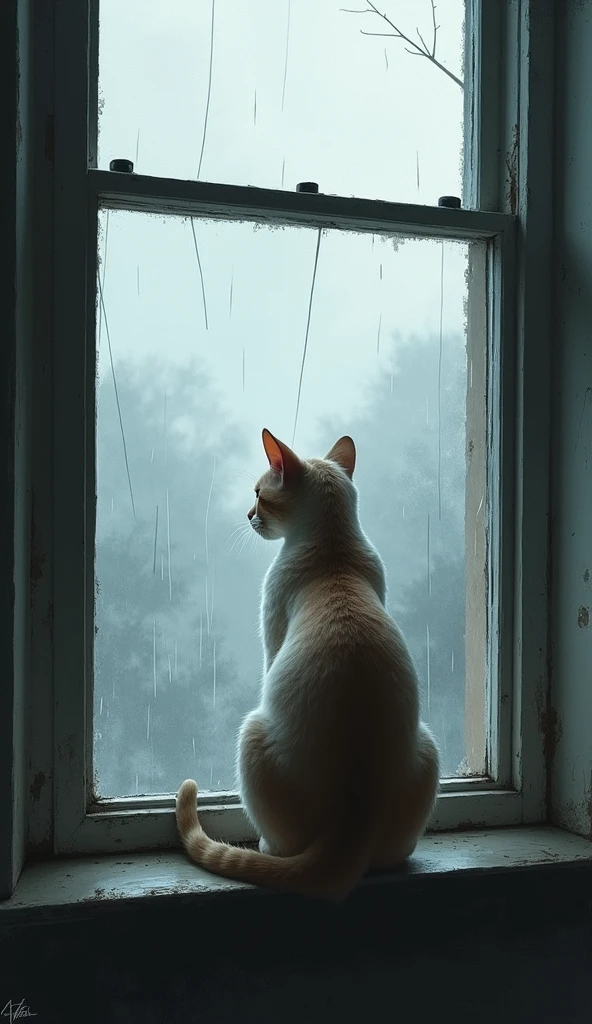 a cat sitting on a window sill looks out the window at the gloomy and rainy outside, sad atmosphere, gloomy day, dark colors, watercolors,wcxl