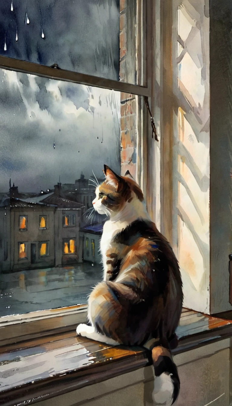 a cat sitting on a window sill looks out the window at the gloomy and rainy outside, sad atmosphere, gloomy day, dark colors, watercolors,wcxl