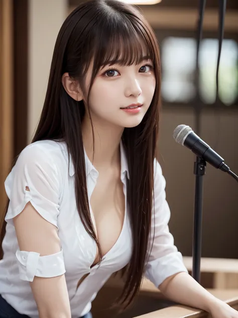 white shirt、complex and beautiful eyes、woman、(stand up : 2.0)、womanly black hair、(delicate and realistic hair、1 bottle１realistic...