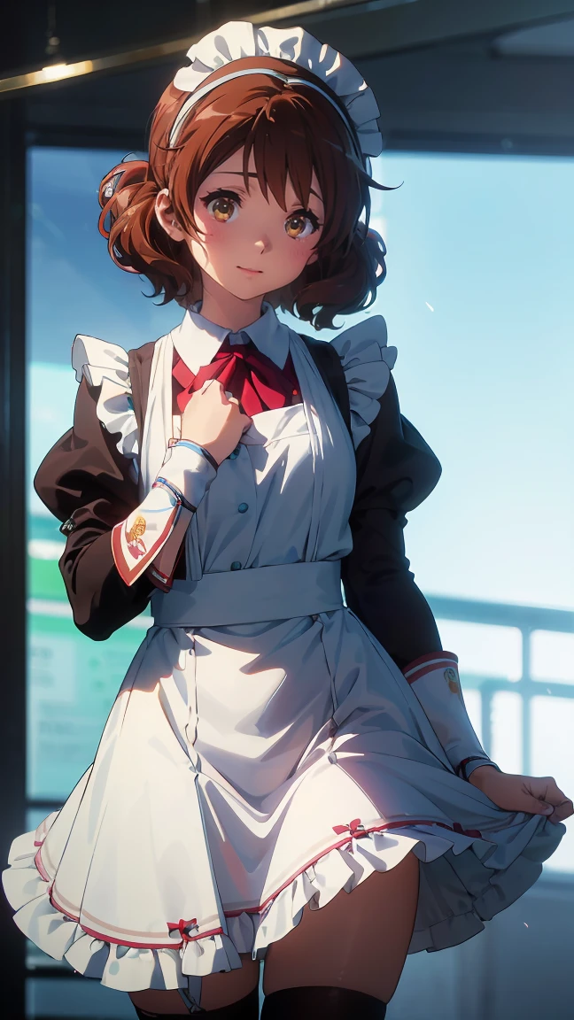 (最High image quality, 8k, High image quality, high detail,masterpiece:1.2)、kumiko oumae,Eye light、Face Light、  Sparkling Eye 、Alone、1 girl、 viewers、anime、animeカラーリング、(from the front:1.3)、(Perfect hands,  Perfect Anatomy)、(Looking at the viewer、 focus on the face)、Sparkling Eyes、(from the front:1.3),Alone,1 girl、Cool beauty、( viewers、Blur the background:1.3)、animeカラーリング、(noon、 school festival _Maid Cafe), ( Perfect hands,  beautiful detailed eyes))、 (Maid uniform:1.2), （Made Cloth, Mini Swirl Skirt, Maid Bandana,  black stockings, Wristbands）、(Blur the background:1.3)、Before the topic、Detailed skin、(( The image placed in the center )),((Glowing Skin,smile))、 (((masterpiece))), ((top-quality)), (( complicated details)),  perfect eyes, Captivating Eyes,