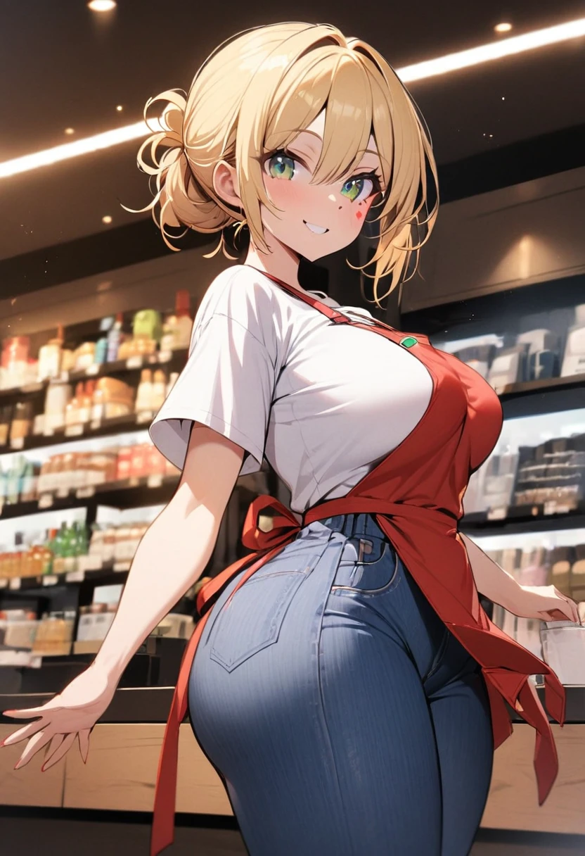 one girl, blue jeans, white t-shirt, red apron, blonde hair, messy bun hair, green eyes, long eyelashes, smile, beauty Mark, large breasts, wide hips, looking at viewer, store background, waving at viewer