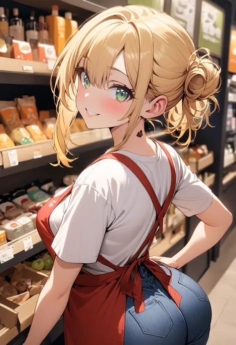 one girl, blue jeans, white t-shirt, red apron, blonde hair, messy bun hair, green eyes, long eyelashes, smile, black beauty mar...