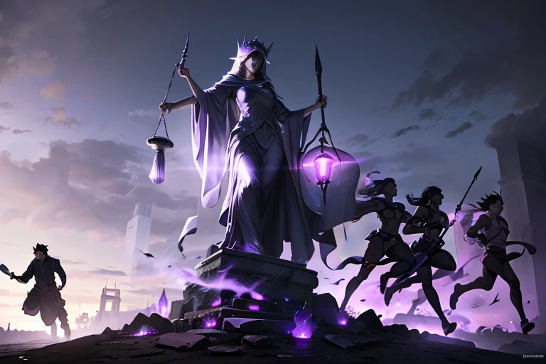 Lady justice shining, (men running away from justice, terrified), purple ominous fog being purified, men in the backgroung being punished