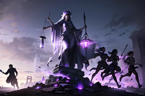 lady justice shining, (men running away from justice, terrified), purple ominous fog being purified, men in the backgroung being...