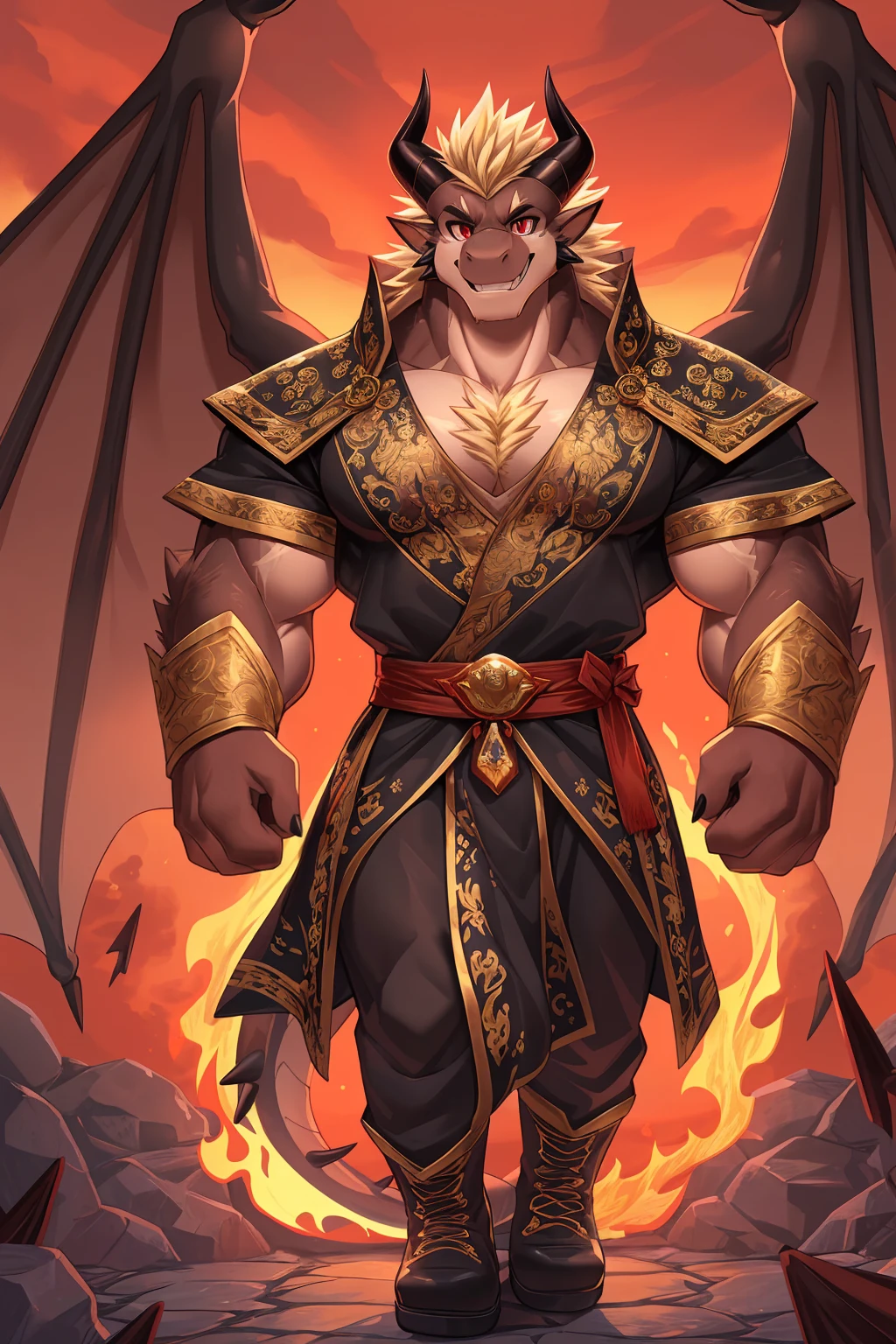 (sfw:1.5), male focus,  (Prince:1.4), Handsome 1boy, solitary, Single，Front view photo, (Light blond thick eyebrows:1.4), (Black nails, Black Claws:1.3), ( huge dark brown dragon wings :1.5), Dark brown skin, (Light blond chest hair:1.2), (Dark brown tail:1.4), (Perfect red eyes:1.4), (Dark brown ears, Dark brown body:1.3), (Dark brown thick horns, Dark brown horns, Dark brown curved horns:1.4), (黑棕色的Dragon Tail:1.2), (Light blond hair:1.4), ( two small black horns on top of head:1.4), Beige chest, (Detailed white teeth:1.4), 
demon, feet, demo, devil, devil boy, devil body, demo boy, demo body, (big eyes, large eyes:1.4), (Dragon Tail:1.4), (big body, Huge body, Very tall, A huge body, Large body:1.5), (Chubby, Huge body, Larger face:1.4), (Broad shoulders:1.4), (Bare neck, Bare wrists,Bare arms:1.5), 
(Royal Guards, Tang Dynasty official uniform:1.5), (Dark brown clothing:1.4), (Brown belt:1.3), (Dark trousers:1.4), (Dark brown boots:1.5), ( red texture on clothes :1.3), (戴着红色thorns头冠:1.5), (Black and gold headband:1.3), 
(full body:1.4), (Mature men:1.5), (Tall and strong, Strong body, muscle,Strong male, muscle男:1.4), Abdominal muscles, (Thick arms, Strong and strong legs, Strong legs:1.4), (look up, flight, Standing:1.3), ( and look at the audience, Focus, Eye gaze:1.4), (grace, gentle, considerate:1.4), (Keep your mouth shut:1.4), (Smile, mild, Pleasure:1.4), (手拿thorns鞭子:1.5), 
full background, dusk, hell, confusion, magma, flame, Broken Ground, Red sky, (thorns, flame花:1.5), (A red plant , flame植物:1.4), ( Red botanical garden :1.4), 
 mysterious and romantic atmosphere , Caustics(refraction, polarization) perfect anatomy , absurd, Detailed background, ( meticulous eyes:1.3),Print Style。((artist:Takemoto Arashi))