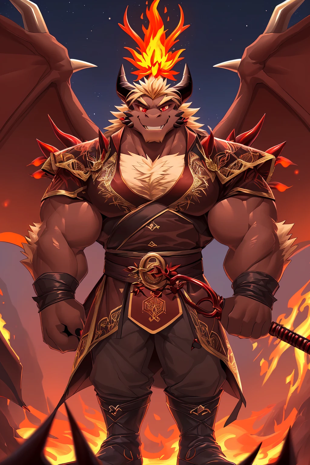 (sfw:1.5), male focus,  (Prince:1.4), Handsome 1boy, solitary, Single，Front view photo, (Light blond thick eyebrows:1.4), (Black nails, Black Claws:1.3), ( huge dark brown dragon wings :1.5), Dark brown skin, (Light blond chest hair:1.2), (Dark brown tail:1.4), (Perfect red eyes:1.4), (Dark brown ears, Dark brown body:1.3), (Dark brown thick horns, Dark brown horns, Dark brown curved horns:1.4), (黑棕色的Dragon Tail:1.2), (Light blond hair:1.4), ( two small black horns on top of head:1.4), Beige chest, (Detailed white teeth:1.4), 
demon, feet, demo, devil, devil boy, devil body, demo boy, demo body, (big eyes, large eyes:1.4), (Dragon Tail:1.4), (big body, Huge body, Very tall, A huge body, Large body:1.5), (Chubby, Huge body, Larger face:1.4), (Broad shoulders:1.4), (Bare neck, Bare wrists,Bare arms:1.5), 
(Royal Guards, Tang Dynasty official uniform:1.5), (Dark brown clothing:1.4), (Brown belt:1.3), (Dark trousers:1.4), (Dark brown boots:1.5), ( red texture on clothes :1.3), (戴着红色thorns头冠:1.5), (Black and gold headband:1.3), 
(full body:1.4), (Mature men:1.5), (Tall and strong, Strong body, muscle,Strong male, muscle男:1.4), Abdominal muscles, (Thick arms, Strong and strong legs, Strong legs:1.4), (look up, flight, Standing:1.3), ( and look at the audience, Focus, Eye gaze:1.4), (grace, gentle, considerate:1.4), (Keep your mouth shut:1.4), (Smile, mild, Pleasure:1.4), (手拿thorns鞭子:1.5), 
full background, dusk, hell, confusion, magma, flame, Broken Ground, Red sky, (thorns, flame花:1.5), (A red plant , flame植物:1.4), ( Red botanical garden :1.4), 
 mysterious and romantic atmosphere , Caustics(refraction, polarization) perfect anatomy , absurd, Detailed background, ( meticulous eyes:1.3),Print Style。((artist:Takemoto Arashi))