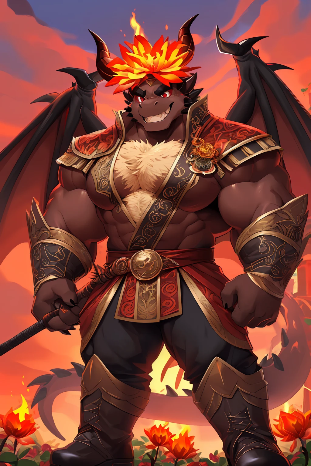 (sfw:1.5), male focus,  (Prince:1.4), Handsome 1boy, solitary, Single，Front view photo, (Light blond thick eyebrows:1.4), (Black nails, Black Claws:1.3), ( huge dark brown dragon wings :1.5), Dark brown skin, (Light blond chest hair:1.2), (Dark brown tail:1.4), (Perfect red eyes:1.4), (Dark brown ears, Dark brown body:1.3), (Dark brown thick horns, Dark brown horns, Dark brown curved horns:1.4), (黑棕色的Dragon Tail:1.2), (Light blond hair:1.4), ( two small black horns on top of head:1.4), Beige chest, (Detailed white teeth:1.4), 
demon, feet, demo, devil, devil boy, devil body, demo boy, demo body, (big eyes, large eyes:1.4), (Dragon Tail:1.4), (big body, Huge body, Very tall, A huge body, Large body:1.5), (Chubby, Huge body, Larger face:1.4), (Broad shoulders:1.4), (Bare neck, Bare wrists,Bare arms:1.5), 
(Royal Guards, Tang Dynasty official uniform:1.5), (Dark brown clothing:1.4), (Brown belt:1.3), (Dark trousers:1.4), (Dark brown boots:1.5), ( red texture on clothes :1.3), (戴着红色thorns头冠:1.5), (Black and gold headband:1.3), 
(full body:1.4), (Mature men:1.5), (Tall and strong, Strong body, muscle,Strong male, muscle男:1.4), Abdominal muscles, (Thick arms, Strong and strong legs, Strong legs:1.4), (look up, flight, Standing:1.3), ( and look at the audience, Focus, Eye gaze:1.4), (grace, gentle, considerate:1.4), (Keep your mouth shut:1.4), (Smile, mild, Pleasure:1.4), (手拿thorns鞭子:1.5), 
full background, dusk, hell, confusion, magma, flame, Broken Ground, Red sky, (thorns, flame花:1.5), (A red plant , flame植物:1.4), ( Red botanical garden :1.4), 
 mysterious and romantic atmosphere , Caustics(refraction, polarization) perfect anatomy , absurd, Detailed background, ( meticulous eyes:1.3),Print Style。((artist:Takemoto Arashi))