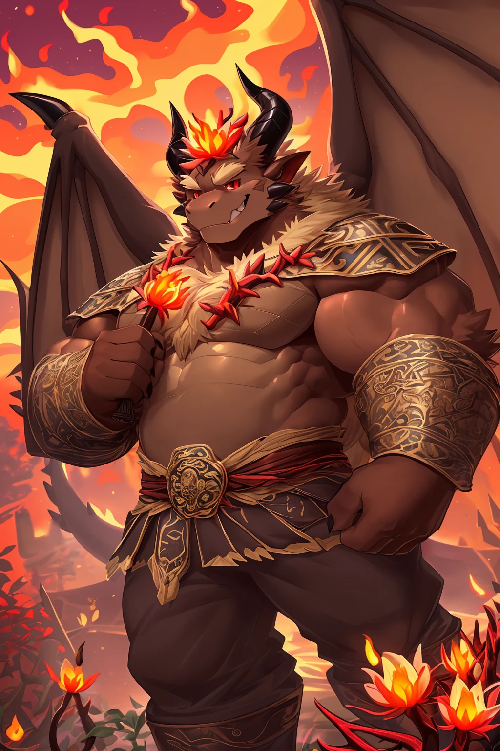 (sfw:1.5), male focus,  (Prince:1.4), Handsome 1boy, solitary, Single，Front view photo, (Light blond thick eyebrows:1.4), (Black nails, Black Claws:1.3), ( huge dark brown dragon wings :1.5), Dark brown skin, (Light blond chest hair:1.2), (Dark brown tail:1.4), (Perfect red eyes:1.4), (Dark brown ears, Dark brown body:1.3), (Dark brown thick horns, Dark brown horns, Dark brown curved horns:1.4), (黑棕色的Dragon Tail:1.2), (Light blond hair:1.4), ( two small black horns on top of head:1.4), Beige chest, (Detailed white teeth:1.4), 
demon, feet, demo, devil, devil boy, devil body, demo boy, demo body, (big eyes, large eyes:1.4), (Dragon Tail:1.4), (big body, Huge body, Very tall, A huge body, Large body:1.5), (Chubby, Huge body, Larger face:1.4), (Broad shoulders:1.4), (Bare neck, Bare wrists,Bare arms:1.5), 
(Royal Guards, Tang Dynasty official uniform:1.5), (Dark brown clothing:1.4), (Brown belt:1.3), (Dark trousers:1.4), (Dark brown boots:1.5), ( red texture on clothes :1.3), (戴着红色thorns头冠:1.5), (Black and gold headband:1.3), 
(full body:1.4), (Mature men:1.5), (Tall and strong, Strong body, muscle,Strong male, muscle男:1.4), Abdominal muscles, (Thick arms, Strong and strong legs, Strong legs:1.4), (look up, flight, Standing:1.3), ( and look at the audience, Focus, Eye gaze:1.4), (grace, gentle, considerate:1.4), (Keep your mouth shut:1.4), (Smile, mild, Pleasure:1.4), (手拿thorns鞭子:1.5), 
full background, dusk, hell, confusion, magma, flame, Broken Ground, Red sky, (thorns, flame花:1.5), (A red plant , flame植物:1.4), ( Red botanical garden :1.4), 
 mysterious and romantic atmosphere , Caustics(refraction, polarization) perfect anatomy , absurd, Detailed background, ( meticulous eyes:1.3),Print Style。((artist:Takemoto Arashi))