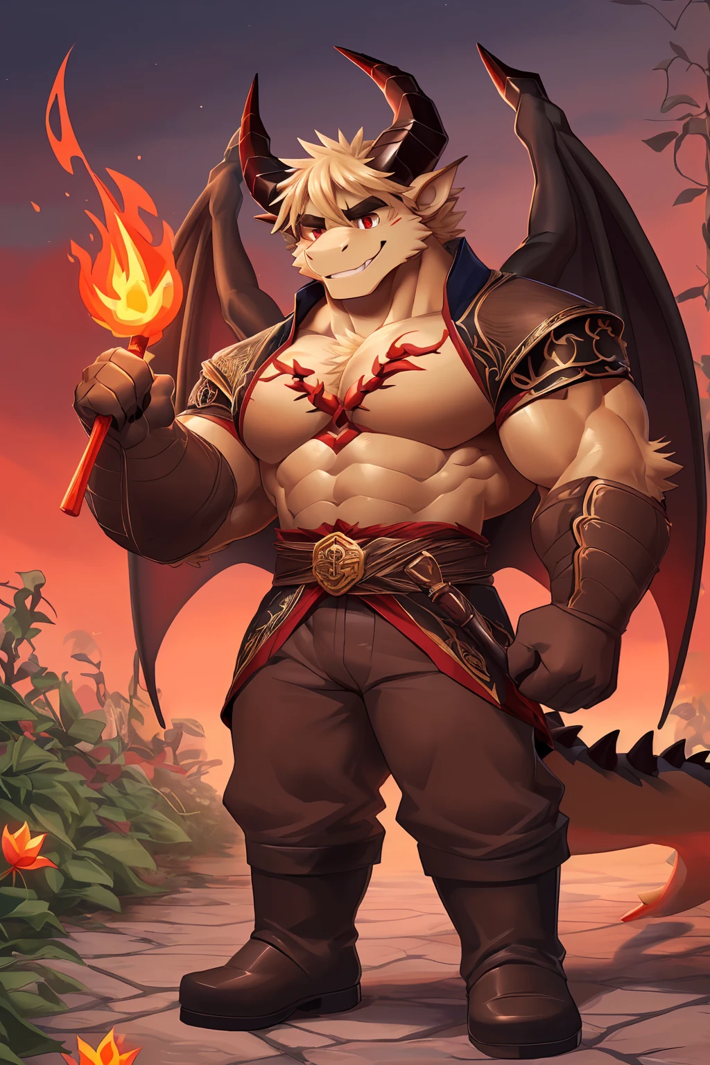 (sfw:1.5), male focus,  (Prince:1.4), Handsome 1boy, solitary, Single，Front view photo, (Light blond thick eyebrows:1.4), (Black nails, Black Claws:1.3), ( huge dark brown dragon wings :1.5), Dark brown skin, (Light blond chest hair:1.2), (Dark brown tail:1.4), (Perfect red eyes:1.4), (Dark brown ears, Dark brown body:1.3), (Dark brown thick horns, Dark brown horns, Dark brown curved horns:1.4), (黑棕色的Dragon Tail:1.2), (Light blond hair:1.4), ( two small black horns on top of head:1.4), Beige chest, (Detailed white teeth:1.4), 
demon, feet, demo, devil, devil boy, devil body, demo boy, demo body, (big eyes, large eyes:1.4), (Dragon Tail:1.4), (big body, Huge body, Very tall, A huge body, Large body:1.5), (Chubby, Huge body, Larger face:1.4), (Broad shoulders:1.4), (Bare neck, Bare wrists,Bare arms:1.5), 
(Royal Guards, Tang Dynasty official uniform:1.5), (Dark brown clothing:1.4), (Brown belt:1.3), (Dark trousers:1.4), (Dark brown boots:1.5), ( red texture on clothes :1.3), (戴着红色thorns头冠:1.5), (Black and gold headband:1.3), 
(full body:1.4), (Mature men:1.5), (Tall and strong, Strong body, muscle,Strong male, muscle男:1.4), Abdominal muscles, (Thick arms, Strong and strong legs, Strong legs:1.4), (look up, flight, Standing:1.3), ( and look at the audience, Focus, Eye gaze:1.4), (grace, gentle, considerate:1.4), (Keep your mouth shut:1.4), (Smile, mild, Pleasure:1.4), (手拿thorns鞭子:1.5), 
full background, dusk, hell, confusion, magma, flame, Broken Ground, Red sky, (thorns, flame花:1.5), (A red plant , flame植物:1.4), ( Red botanical garden :1.4), 
 mysterious and romantic atmosphere , Caustics(refraction, polarization) perfect anatomy , absurd, Detailed background, ( meticulous eyes:1.3),Print Style。((artist:Takemoto Arashi))