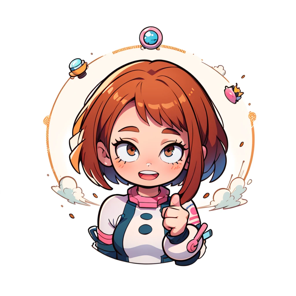 hmochako, ochako, body suit, 1girl, short hair, brown hair, uhd, 4k, face detail, eyes detail, only_head, head_only, white background, solo, happy face expression, kawaii, chibi, upper body, circle frame, thumb_up, smiling , open mouth, vivid colors,