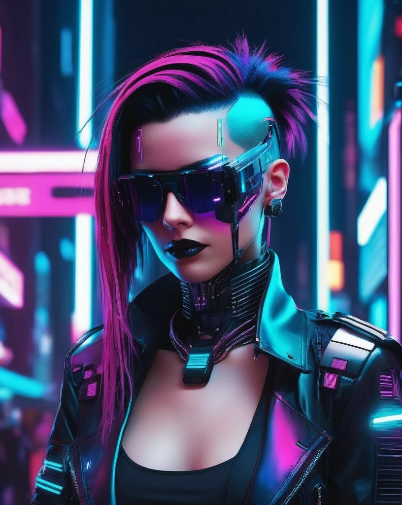 Un portrait avant-gardiste d'une fashionista cyberpunk, sa tenue respire une élégance binaire, chaque mouvement témoigne d'une perfection glitchée. rock music singer cybernetic, 1girl