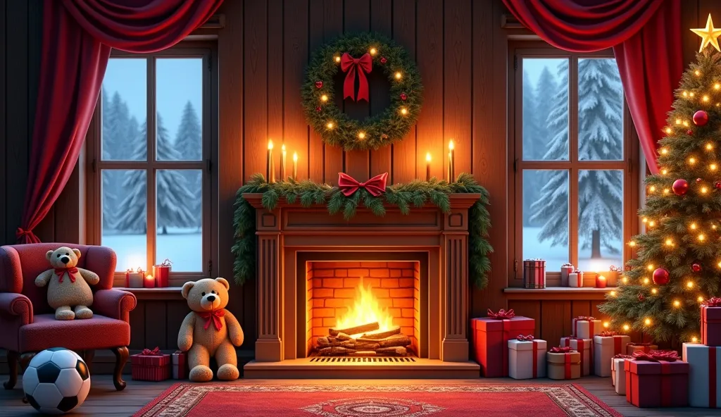 I want a realistic horizontal image in front of a Christmas background in which an elegant wooden wall can be seen in the background, From a Christmas house ,  in which you can see a fireplace decorated with Christmas atmosphere .  above the fireplace an Advent wreath ,  on the sides, long windows where you can see an exterior at night with snow ,  with red curtains on the right side a beautiful Christmas tree and more Christmas decorations and on the floor that you can see a carpet and on top of it, many boxes and Christmas gifts add a soccer ball and 2 teddy bears 