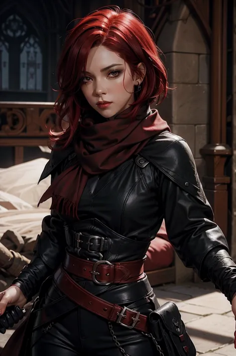 a thief gilr with short scarlet red hair, dressed in black medieval-style pants, black boots, and a white blouse. black and brow...