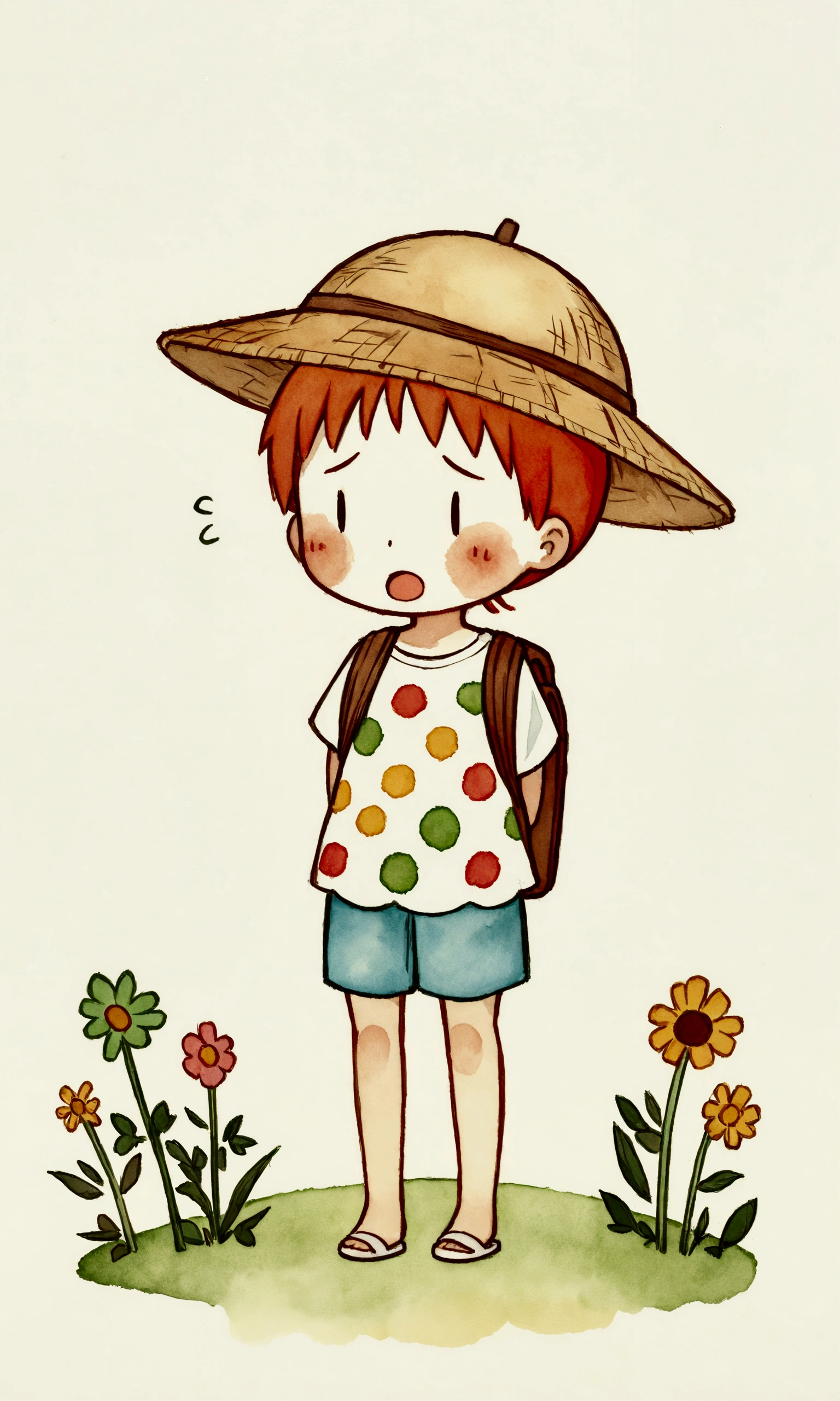 illustration,(Draw a with a sad expression),( with open mouth and disappointed expression),The is shocked and depressed.,The is wearing summer clothes,(The background is a garden in a residential area),Optimal configuration,break, is carrying a backpack,straw hat,The is dressed as if he is going on a field trip.,break,cute illustration,surreal,artwork,Be expressive,This is an illustration that looks like an illustration from a picture book.,draw with thick lines,Please draw with a gentle touch,draw with pencil and watercolor,gabriel pacheco style,anatomically correct,perfect anatomy,structurally correct,optimal color balance