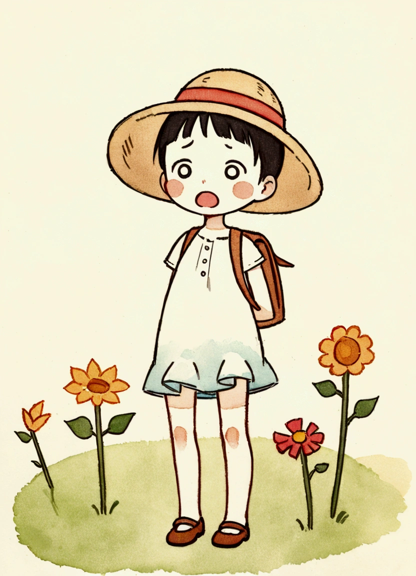 illustration,(Draw a with a sad expression),( with open mouth and disappointed expression),The is shocked and depressed.,The is wearing summer clothes,(The background is a garden in a residential area),Optimal configuration,break, is carrying a backpack,straw hat,The is dressed as if he is going on a field trip.,break,cute illustration,surreal,artwork,Be expressive,This is an illustration that looks like an illustration from a picture book.,draw with thick lines,Please draw with a gentle touch,draw with pencil and watercolor,gabriel pacheco style,anatomically correct,perfect anatomy,structurally correct,optimal color balance