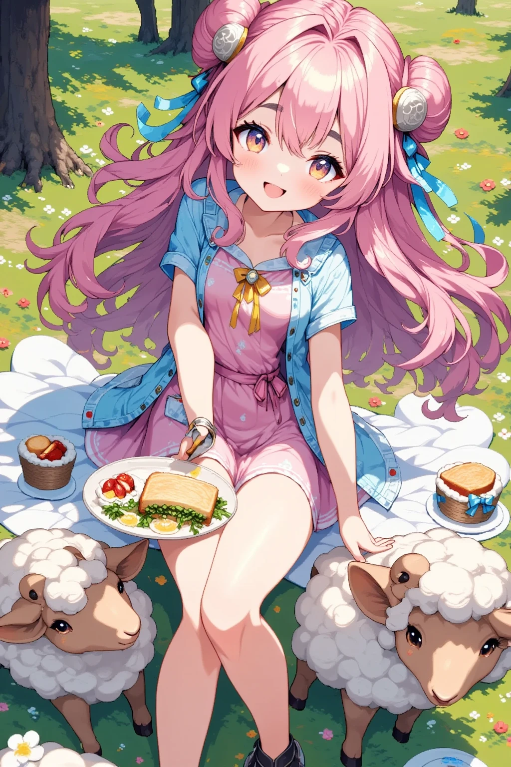 UHD, super detail, high details, highres, Oblique view from above, focus cake, Sheep,  plate on top of the cake, A large cake on a "Tanks ３００Followers"Character,  holding a plate on top of the cake , smile, Happy expression,  happy color background 