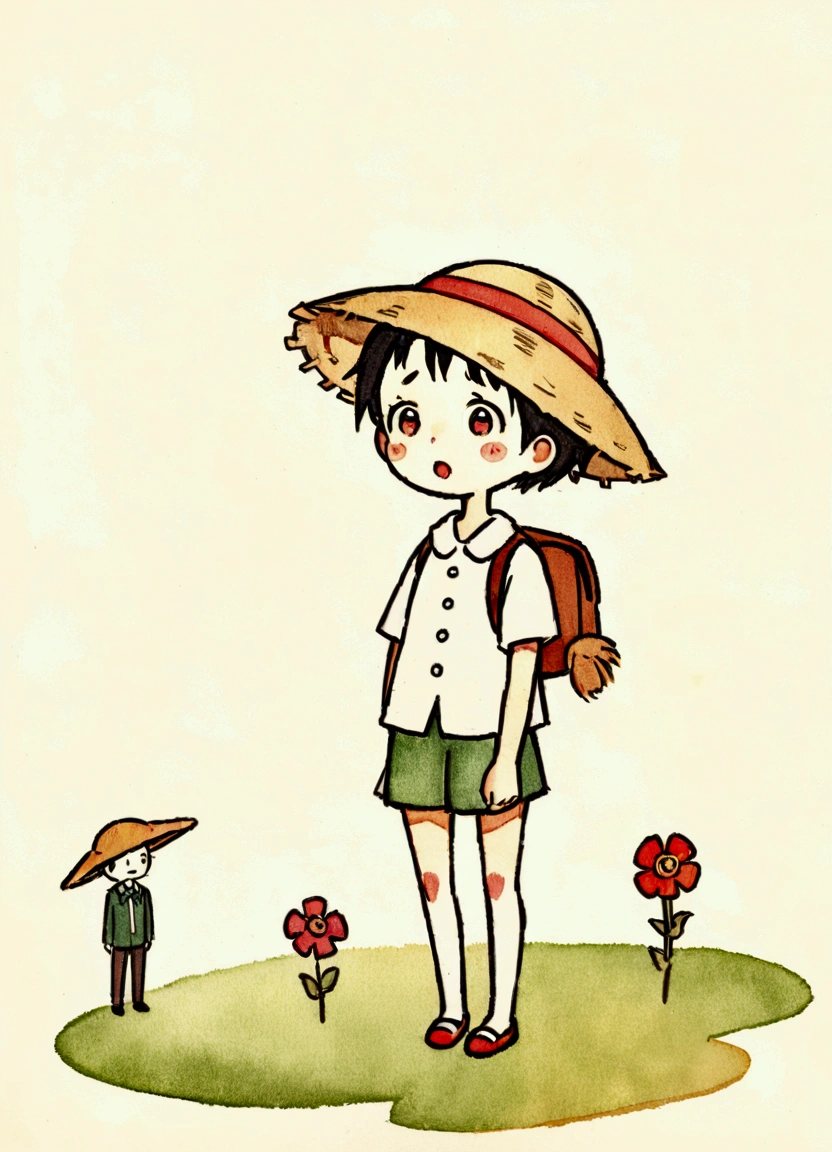 illustration,(Draw a with a sad expression),( with open mouth and disappointed expression),The is shocked and depressed.,The is wearing summer clothes,(The background is a garden in a residential area),Optimal configuration,break, is carrying a backpack,straw hat,The is dressed as if he is going on a field trip.,break,cute illustration,surreal,artwork,Be expressive,This is an illustration that looks like an illustration from a picture book.,draw with thick lines,Please draw with a gentle touch,draw with pencil and watercolor,gabriel pacheco style,anatomically correct,perfect anatomy,structurally correct,optimal color balance