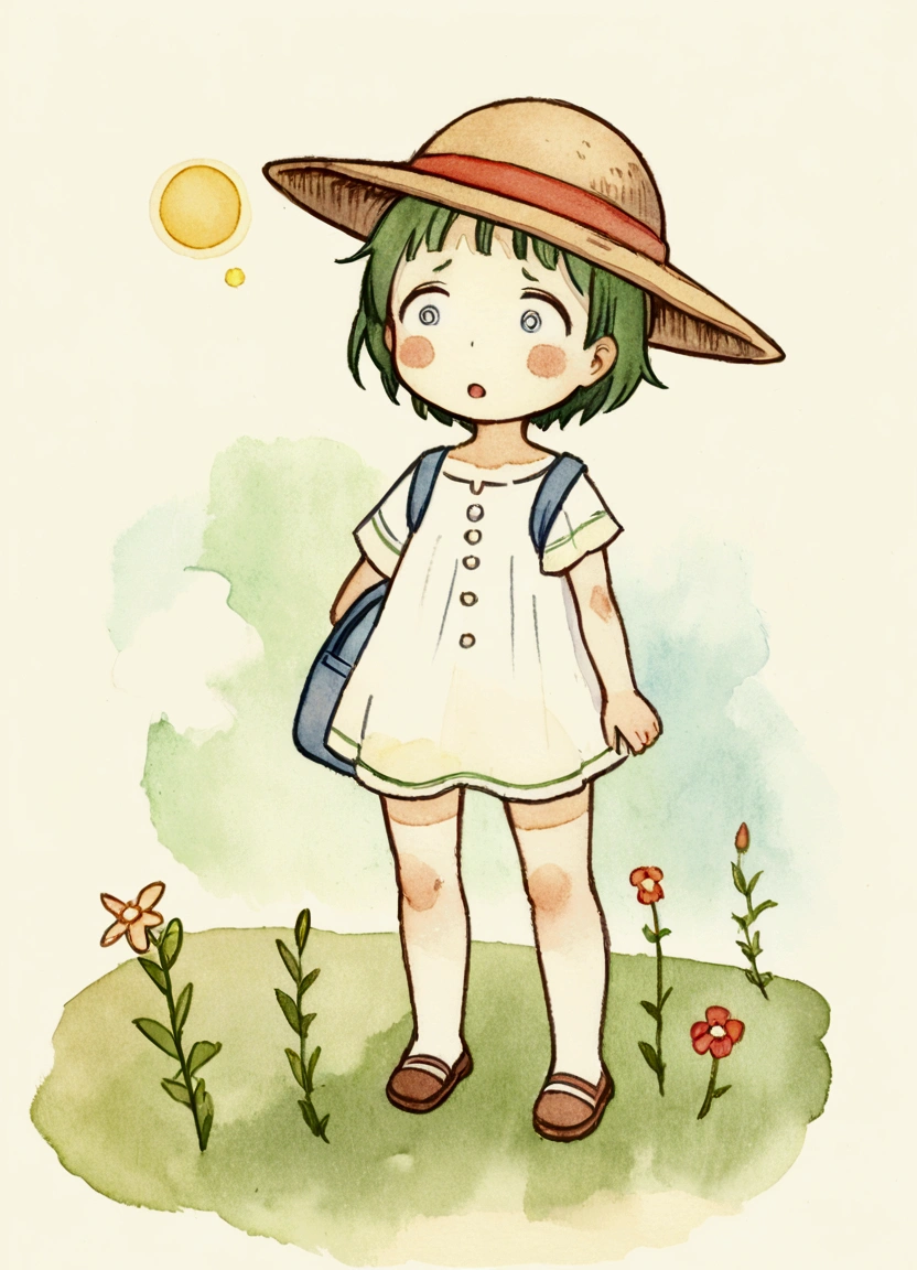 illustration,(Draw a with a sad expression),( with open mouth and disappointed expression),The is shocked and depressed.,The is wearing summer clothes,(The background is a garden in a residential area),Optimal configuration,break, is carrying a backpack,straw hat,The is dressed as if he is going on a field trip.,break,cute illustration,surreal,artwork,Be expressive,This is an illustration that looks like an illustration from a picture book.,draw with thick lines,Please draw with a gentle touch,draw with pencil and watercolor,gabriel pacheco style,anatomically correct,perfect anatomy,structurally correct,optimal color balance