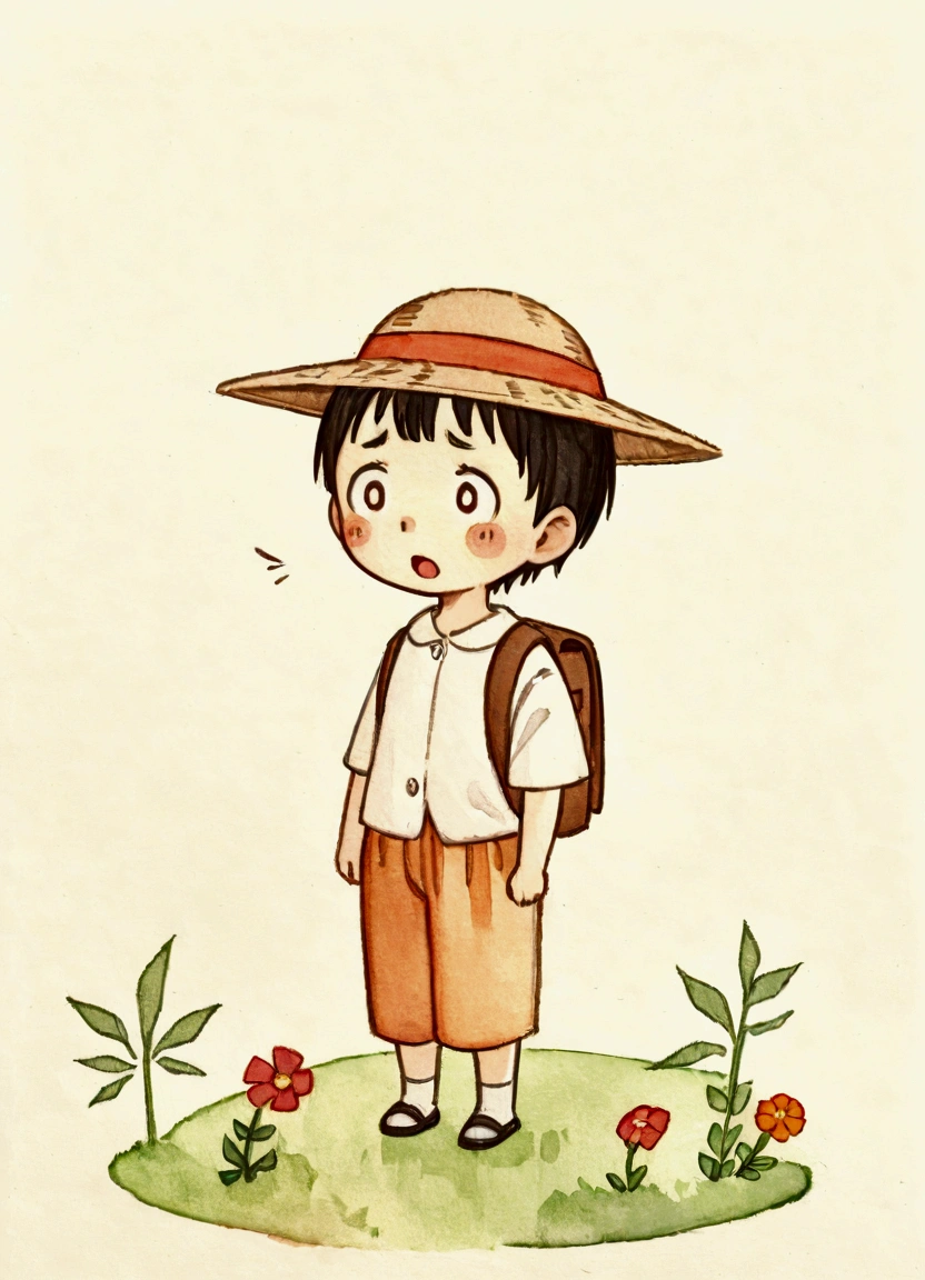 illustration,(Draw a with a sad expression),( with open mouth and disappointed expression),The is shocked and depressed.,The is wearing summer clothes,(The background is a garden in a residential area),Optimal configuration,break, is carrying a backpack,straw hat,The is dressed as if he is going on a field trip.,break,cute illustration,surreal,artwork,Be expressive,This is an illustration that looks like an illustration from a picture book.,draw with thick lines,Please draw with a gentle touch,draw with pencil and watercolor,gabriel pacheco style,anatomically correct,perfect anatomy,structurally correct,optimal color balance