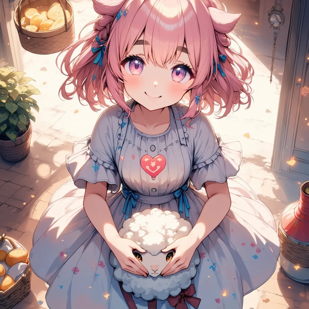 UHD, super detail, high details, highres, from front, upper body, cowboy shot, look at viewer, Sheep, heart hands:1.3, ((pink heart effect:1.2)), smile, Happy expression, Inside the house with a warm atmosphere 