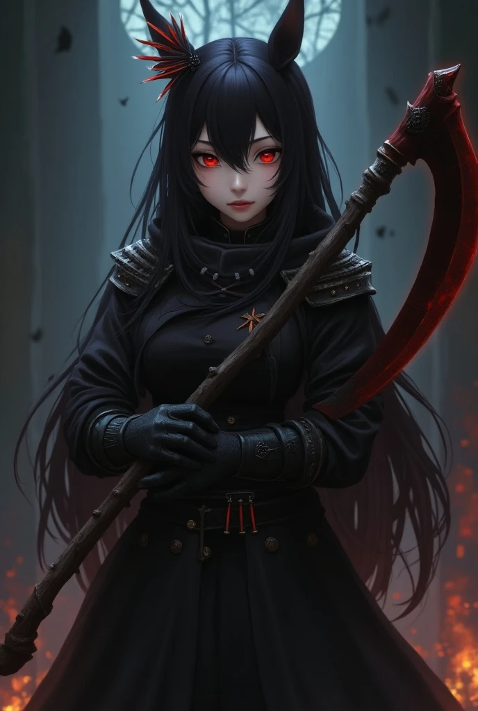 (best quality, 4K, masterpiece :1.3, 8k, ultra-detailed, ultra-masterpiece), girl, ultra-detailed face, detailed lips, detailed eyes, double eyelid, sad, (((dungeon, Dark dungeon, dungeon Background))), warrior, (((holding a scythe))), ((red eyes, black hair)), ((((Armor covering the body)))),  full body view , (((girl alta))), Grego,  manhwa style