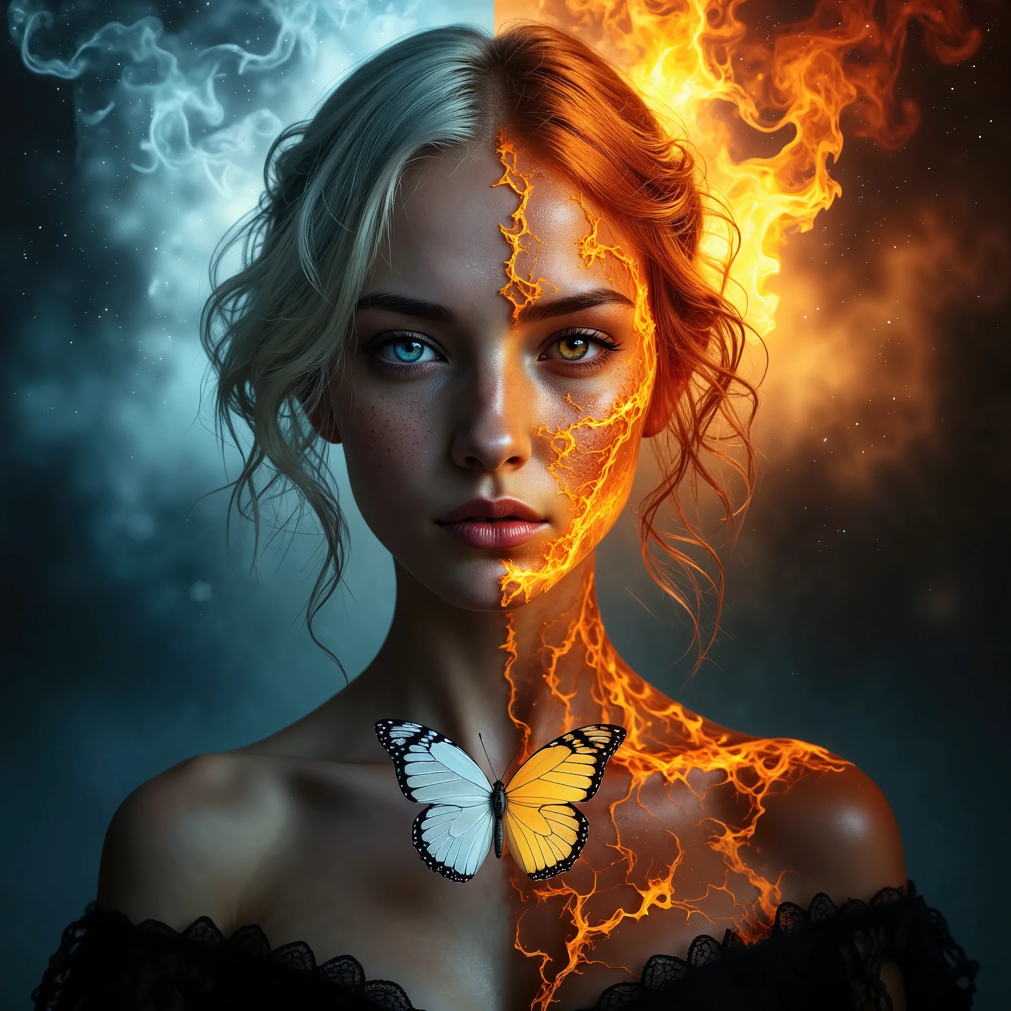 his ultra-detailed masterpiece in 16K resolution captures a powerful contrast between two twin figures, their faces inches apart, facing each other with intense focus. One embodies fire, with glowing orange and red flames swirling across her skin, her fiery eyes blazing. Her hair flickers like embers, and her cracked skin suggests molten lava beneath the surface. The air around her shimmers with heat, casting a fiery glow.

Opposite her, the other twin embodies ice, her frost-covered skin pale and bluish, radiating a biting cold. Her left eye glows with a frozen blue light, and icy breath mists from her lips. Her hair is white and stiff with frost, while delicate ice crystals form on her face. The cold aura around her intensifies the chilling atmosphere.

In the center, a butterfly hovers, its wings split between fire and ice. One half glows with fiery reds and oranges, while the other is covered in frost, shimmering with a cold blue light. The butterfly serves as a symbolic bridge between the twins, caught between their clashing elemental forces.

The composition places the butterfly at the heart of the image, surrounded by the fiery glow and icy frost of the twins. The cinematic still shot captures the tension between fire and ice, as the twins' glowing eyes reflect their inner struggle. This ultra-high-definition image captures every detail, from the flames licking the fire twin’s skin to the frost forming on the ice twin’s face, creating a striking visual of opposing forces in delicate balance.