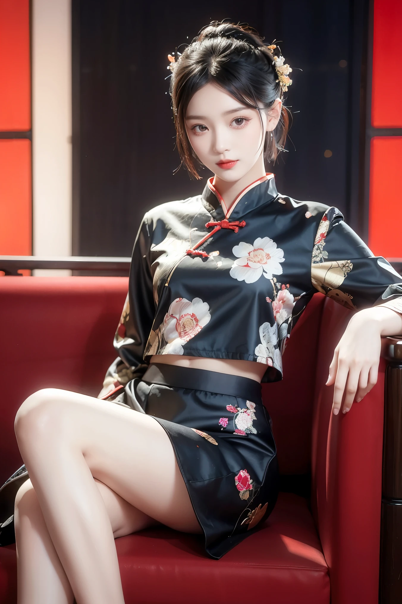 Solitary,1 Girl,skirt,Chinese Clothing,china skirt, black hair ,Sitting,Floral Print,curtain,Short hair,Practical,whole body,indoor, and look at the audience,Red lips,[sofa,chair,( slender legs),Elegant girl,