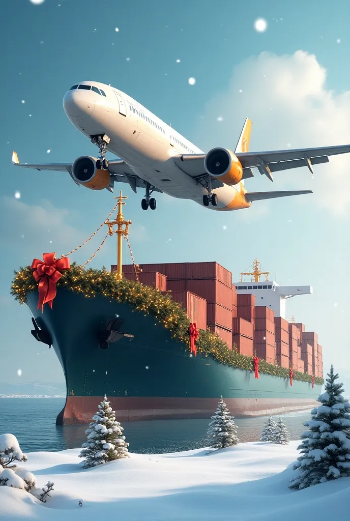 realistic maritime container and plane in Christmas decorations