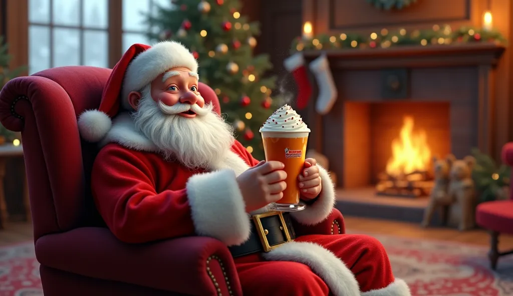  Santa Claus sitting in his red armchair drinking chocolate in a large glass with ice cream, The Dunkin Donuts-style orange glass with cream on top .