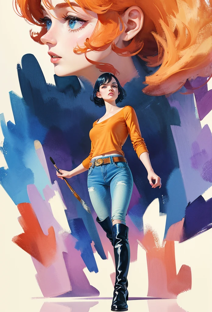 ( masterpiece , best quality , 8K, ) tomonorikogawa, cinematic light , 1 girl , Inciting composition, from below , dynamic pose , upper body, blue eyes , black medium hair, attractive lips, collarbone , bangs , cropped orange shirt , blue jeans , black ankle short boots, closed mouth , watercolor painting , abstract background , brush strokes, pale tone