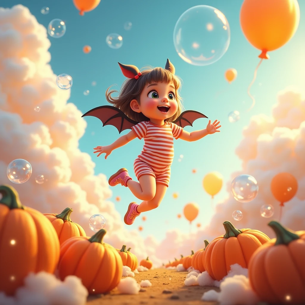  Super High Quality ,  Girl with Pumpkins Jumps on Bubbles , World of Clouds, And Fun ,  Balloons , warm colors, bright colors, Game of Shadows, 8 k, masterpiece, Clear Detailing,  Dressed in Striped Clothes and Bat Wings, 