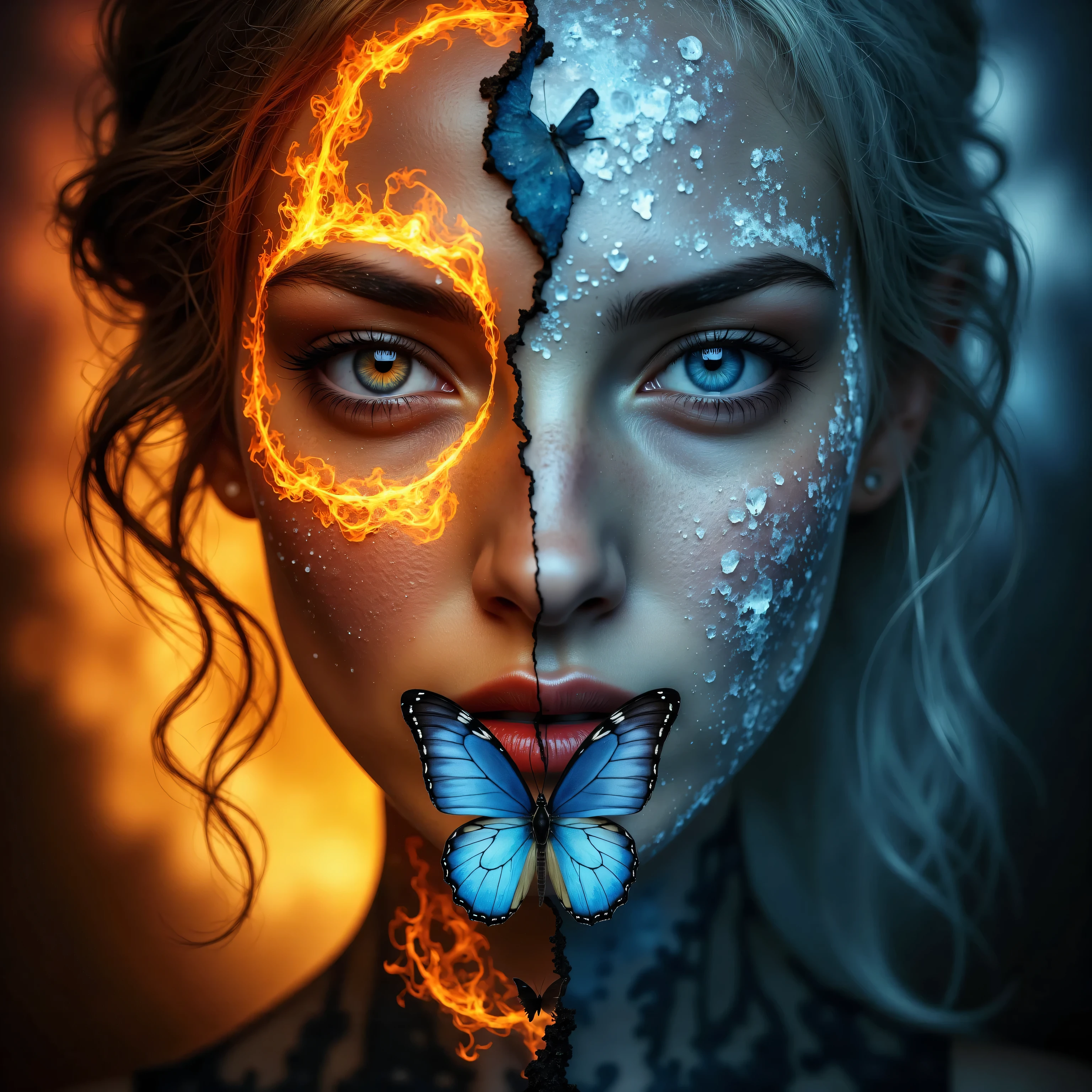 his ultra-detailed masterpiece in 16K resolution captures a powerful contrast between two twin figures, their faces inches apart, facing each other with intense focus. One embodies fire, with glowing orange and red flames swirling across her skin, her fiery eyes blazing. Her hair flickers like embers, and her cracked skin suggests molten lava beneath the surface. The air around her shimmers with heat, casting a fiery glow.

Opposite her, the other twin embodies ice, her frost-covered skin pale and bluish, radiating a biting cold. Her left eye glows with a frozen blue light, and icy breath mists from her lips. Her hair is white and stiff with frost, while delicate ice crystals form on her face. The cold aura around her intensifies the chilling atmosphere.

In the center, a butterfly hovers, its wings split between fire and ice. One half glows with fiery reds and oranges, while the other is covered in frost, shimmering with a cold blue light. The butterfly serves as a symbolic bridge between the twins, caught between their clashing elemental forces.

The composition places the butterfly at the heart of the image, surrounded by the fiery glow and icy frost of the twins. The cinematic still shot captures the tension between fire and ice, as the twins' glowing eyes reflect their inner struggle. This ultra-high-definition image captures every detail, from the flames licking the fire twin’s skin to the frost forming on the ice twin’s face, creating a striking visual of opposing forces in delicate balance.