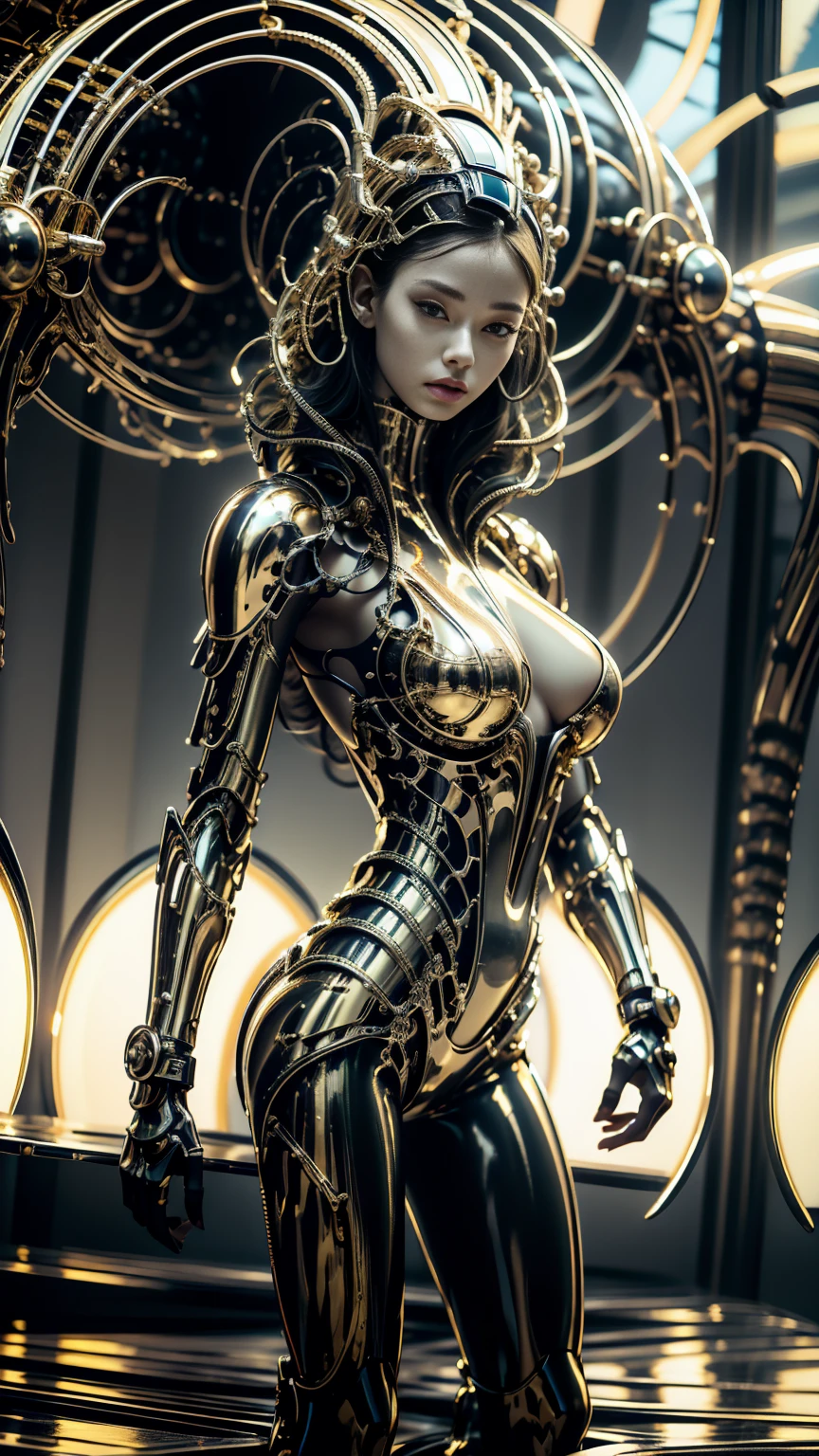 girl with futuristic mechanical armor in black and with gold metallic details,  body image of legs upwards , open legs,  very thick vagina showing ,  thick and muscular legs and arms ,  big breasts,  semi-mechanical semi-human design , Korean girl's face , spectacular bottom angle,  movie lighting ,  intricate and highly detailed mechanical details ., sharp focus,   photorealistic hoodie  , 8K,  masterpiece,  Very detailed and well-defined face .,