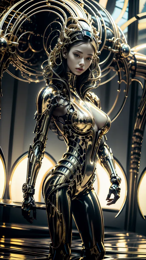 girl with futuristic mechanical armor in black and with gold metallic details,  body image of legs upwards , open legs,  very th...